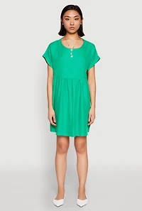 Womens Linen Fixed Cuff Babydoll Shift Dress, Green, Size XL