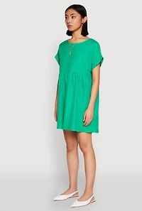 Womens Linen Fixed Cuff Babydoll Shift Dress, Green, Size XL
