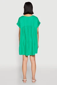 Womens Linen Fixed Cuff Babydoll Shift Dress, Green, Size XL