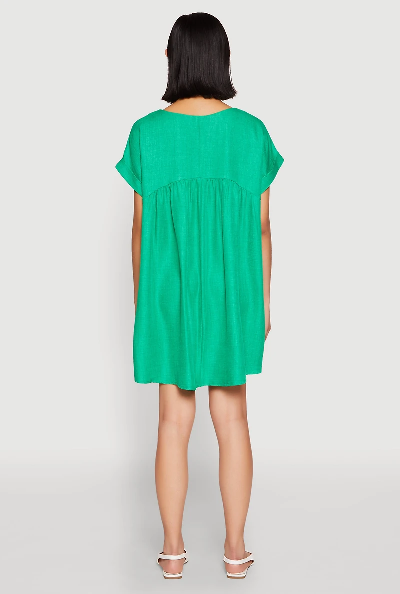 Linen Fixed Cuff Babydoll Shift Dress