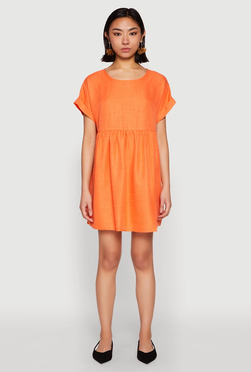 Womens Linen Fixed Cuff Babydoll Shift Dress, Orange, Size L