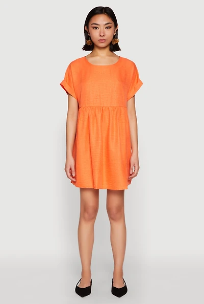 Womens Linen Fixed Cuff Babydoll Shift Dress, Orange, Size L