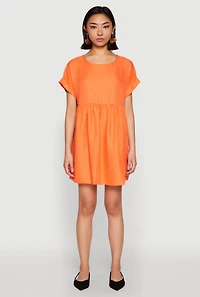 Womens Linen Fixed Cuff Babydoll Shift Dress, Orange, Size L