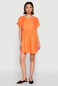 Womens Linen Fixed Cuff Babydoll Shift Dress, Orange, Size M