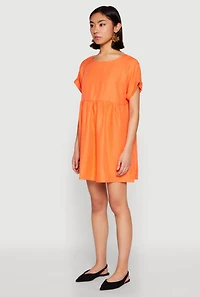 Womens Linen Fixed Cuff Babydoll Shift Dress, Orange, Size L