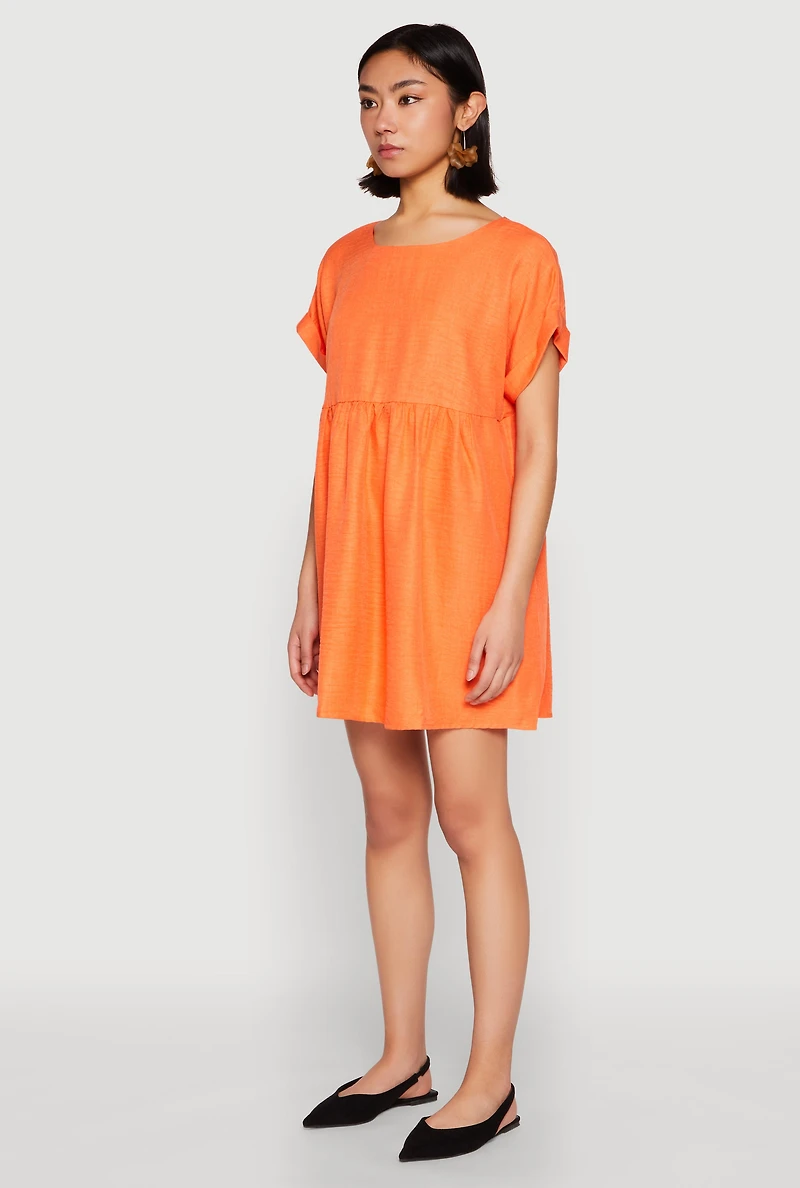 Womens Linen Fixed Cuff Babydoll Shift Dress, Orange, Size M