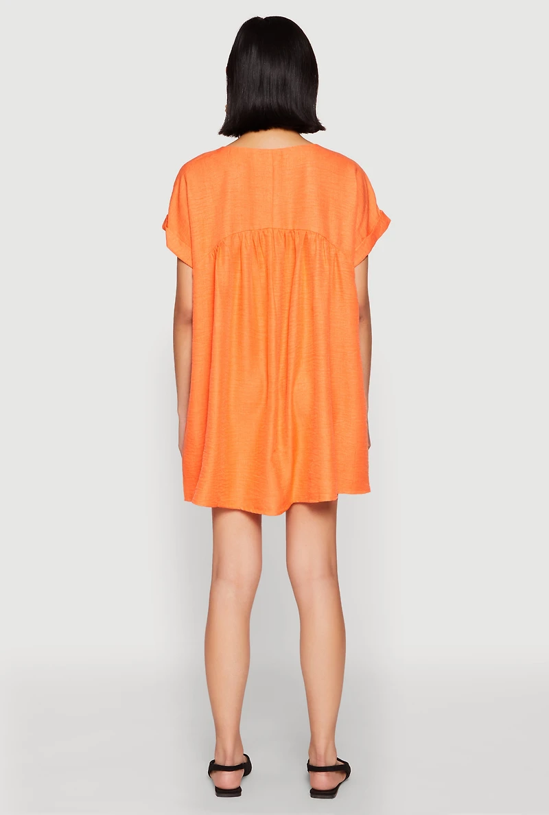 Womens Linen Fixed Cuff Babydoll Shift Dress, Orange, Size L