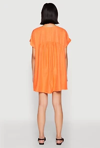 Womens Linen Fixed Cuff Babydoll Shift Dress, Orange, Size L