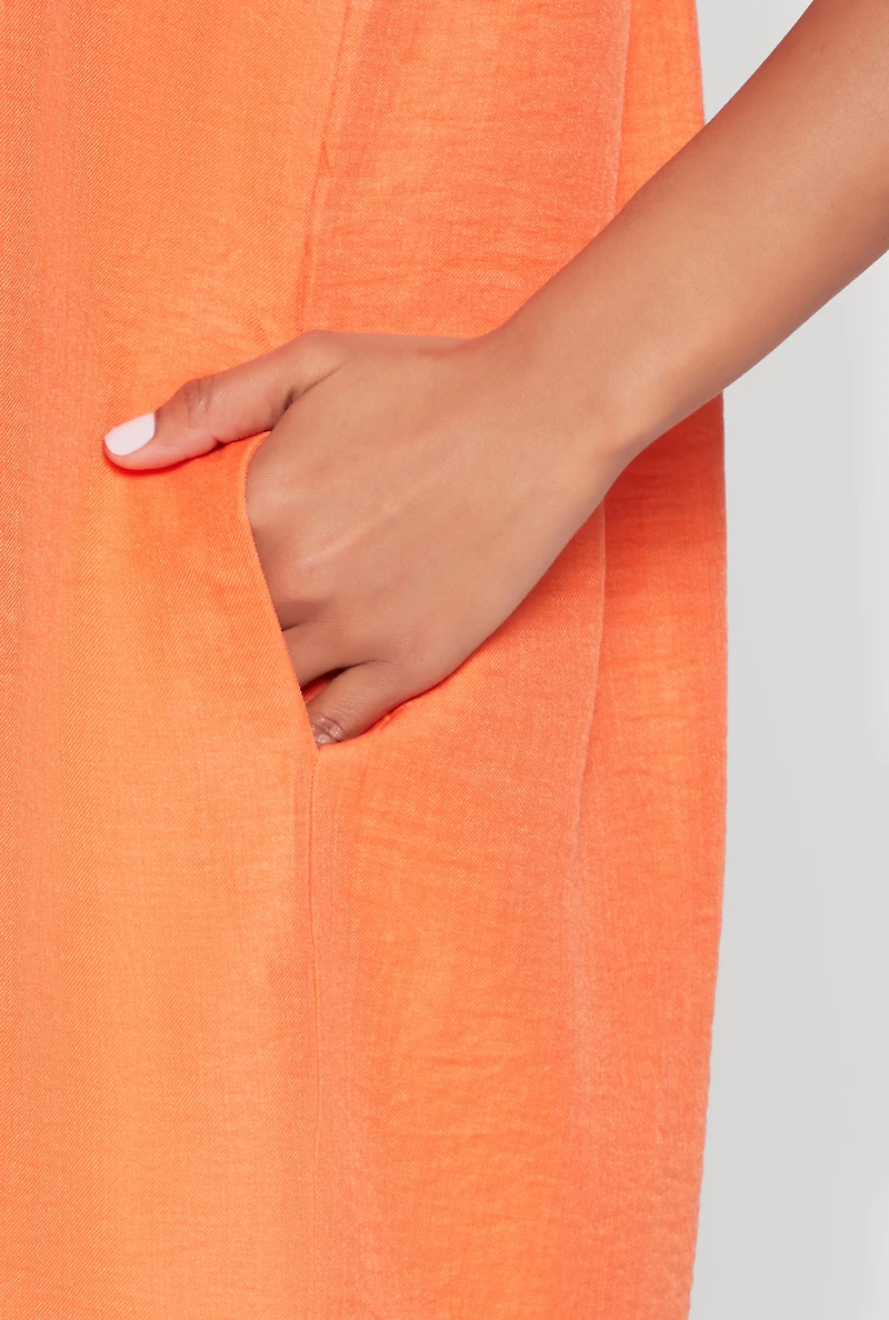 Womens Linen Fixed Cuff Babydoll Shift Dress, Orange, Size L
