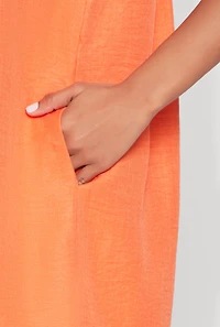 Womens Linen Fixed Cuff Babydoll Shift Dress, Orange, Size L