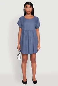 Womens Linen Fixed Cuff Babydoll Shift Dress, Blue, Size M