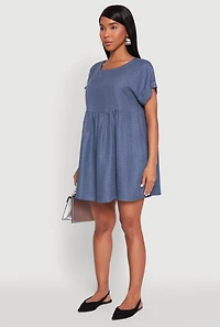 Womens Linen Fixed Cuff Babydoll Shift Dress, S
