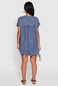 Womens Linen Fixed Cuff Babydoll Shift Dress, Blue, Size M