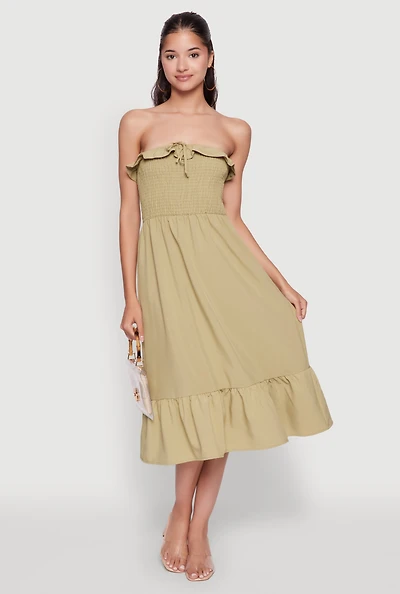 Womens Chic Smocked and Ruffle Tiered Peasant Dress, Green, Size L
