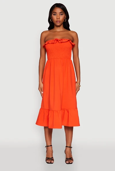 Womens Chic Smocked and Ruffle Tiered Peasant Dress, Orange, Size S