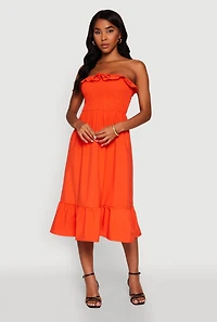 Womens Chic Smocked and Ruffle Tiered Peasant Dress, Orange, Size L