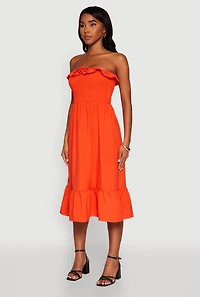 Womens Chic Smocked and Ruffle Tiered Peasant Dress, Orange, Size L