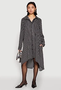 Womens Striped High Low Shirt Dress, Black, Size L
