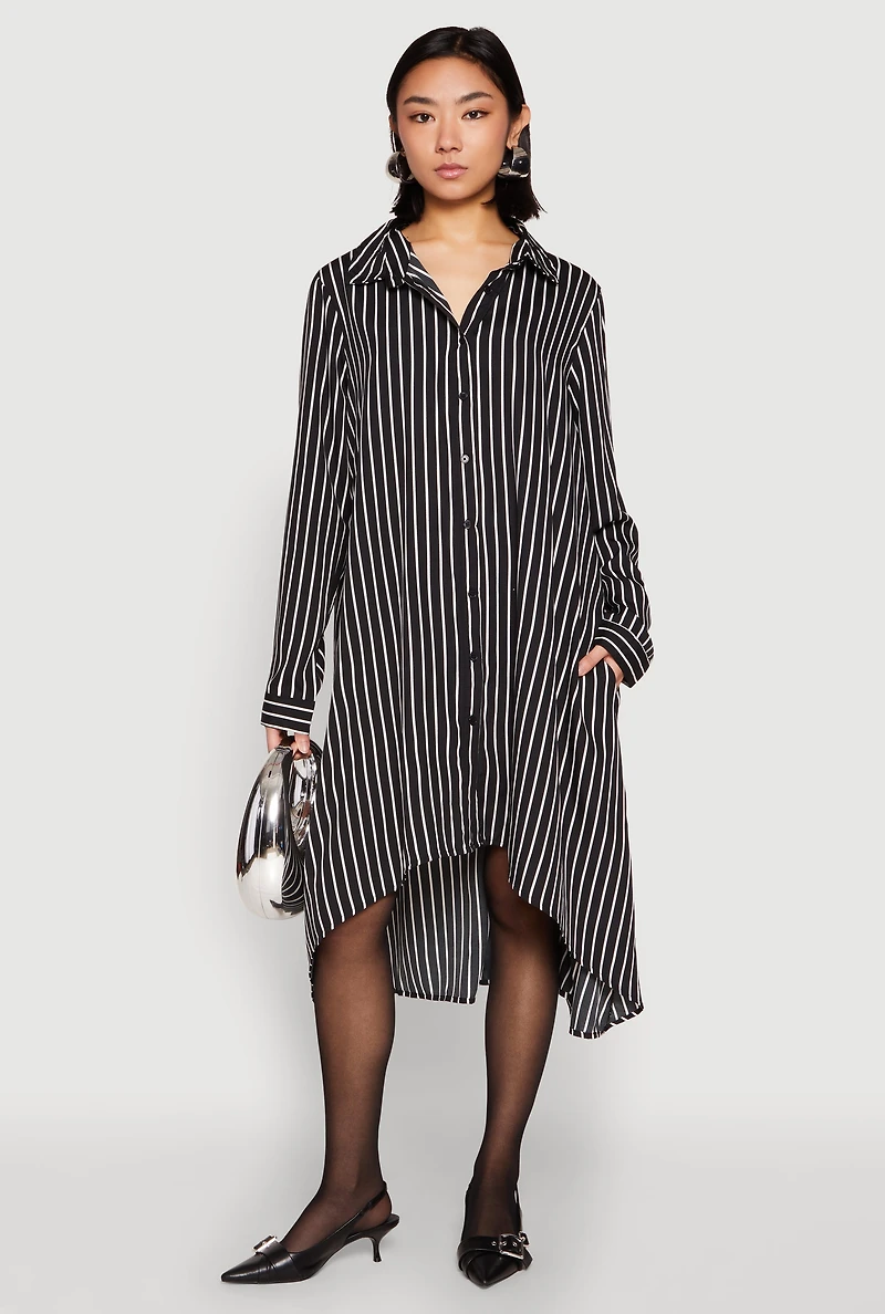 Womens Striped High Low Shirt Dress, Black, Size M