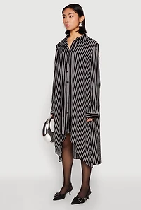 Womens Striped High Low Shirt Dress, Black, Size L