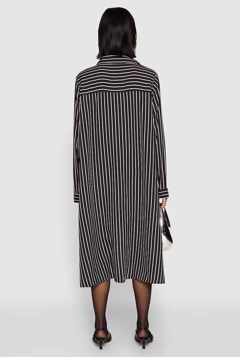 Womens Striped High Low Shirt Dress, Black, Size M