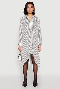 Womens Striped High Low Shirt Dress, White, Size S