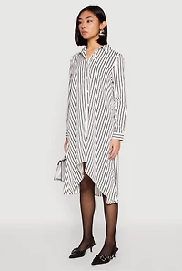 Womens Striped High Low Shirt Dress, White, Size S
