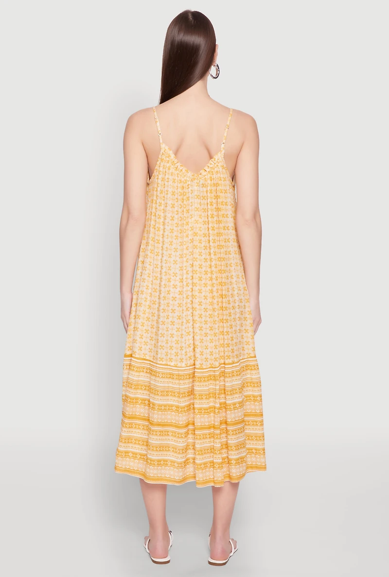 Womens Border Print Midi Dress, Yellow, Size S