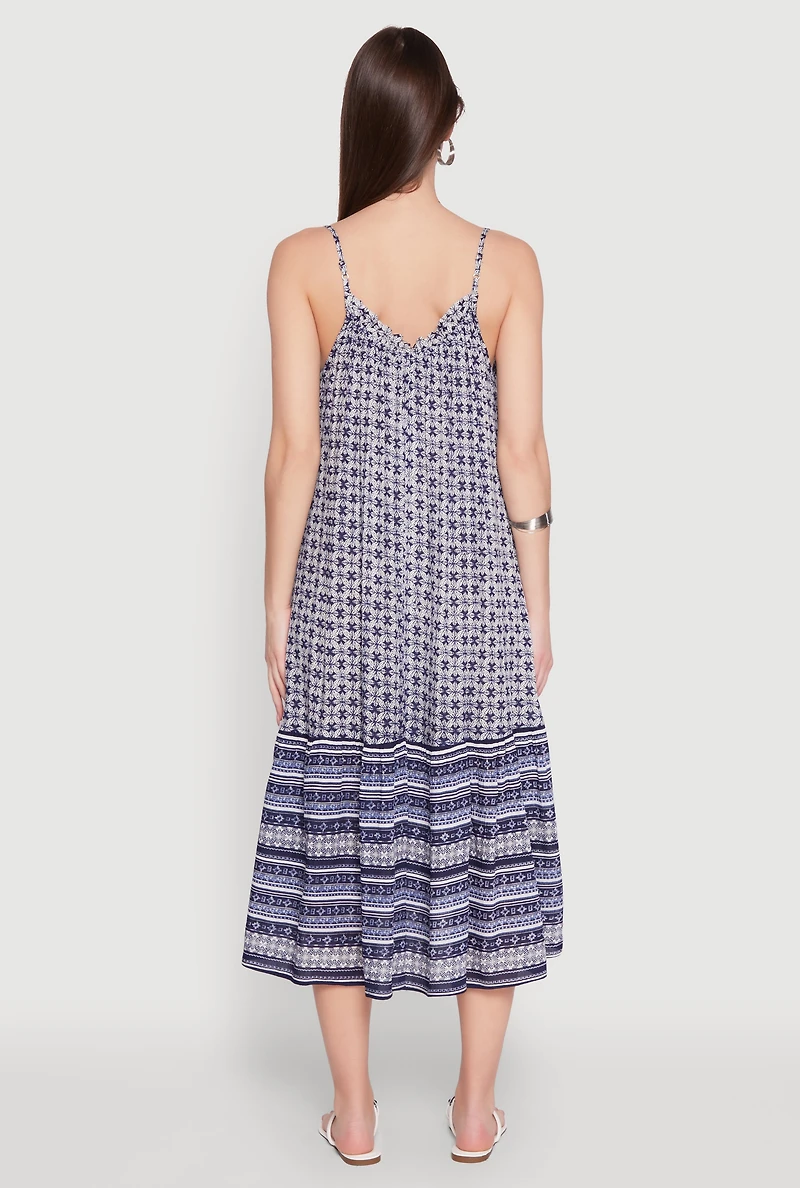 Womens Border Print Midi Dress, Blue, Size L