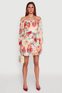 Womens Floral Off the Shoulder Tie Waist Tiered Mini Dress, Multi, Size M