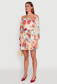 Womens Floral Off the Shoulder Tie Waist Tiered Mini Dress, Multi, Size M