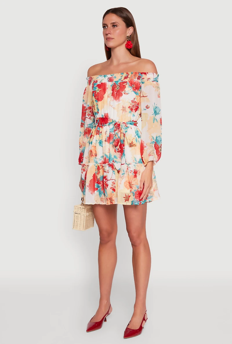 Womens Floral Off the Shoulder Tie Waist Tiered Mini Dress, Multi,