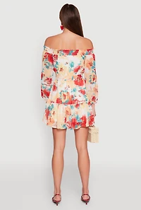 Womens Floral Off the Shoulder Tie Waist Tiered Mini Dress, Multi, Size M