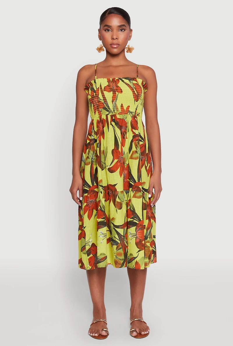 Womens Floral Print Smocked Tiered Midi Dress, Green, Size L