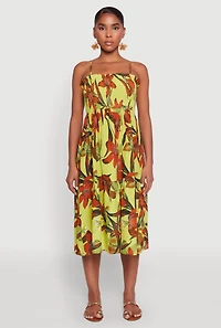 Womens Floral Print Smocked Tiered Midi Dress, Green, Size L