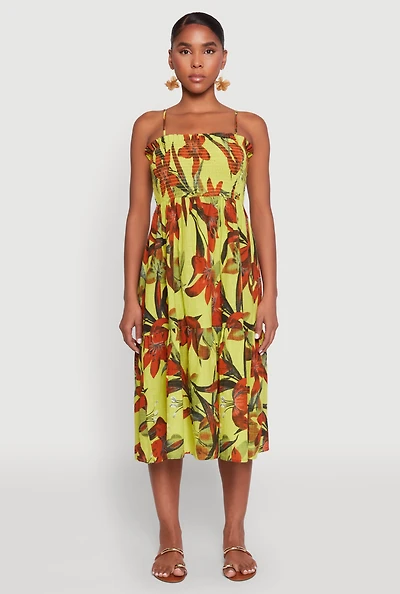 Womens Floral Print Smocked Tiered Midi Dress, Green, Size L