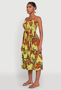 Womens Floral Print Smocked Tiered Midi Dress, Green, Size L