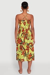Womens Floral Print Smocked Tiered Midi Dress, Green, Size L