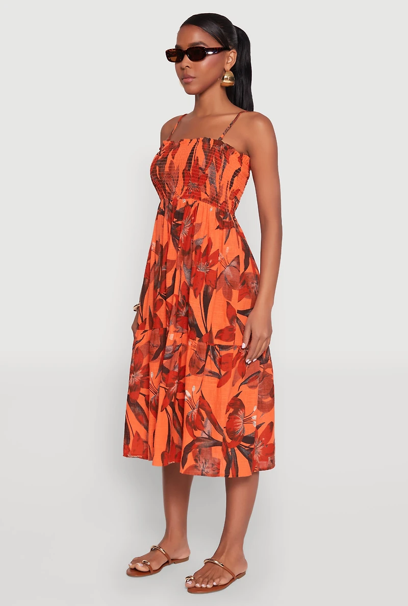Floral Print Smocked Tiered Midi Dress