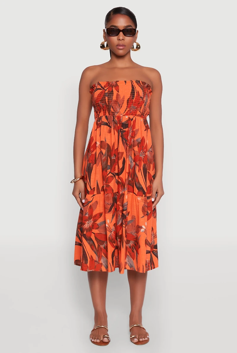 Floral Print Smocked Tiered Midi Dress