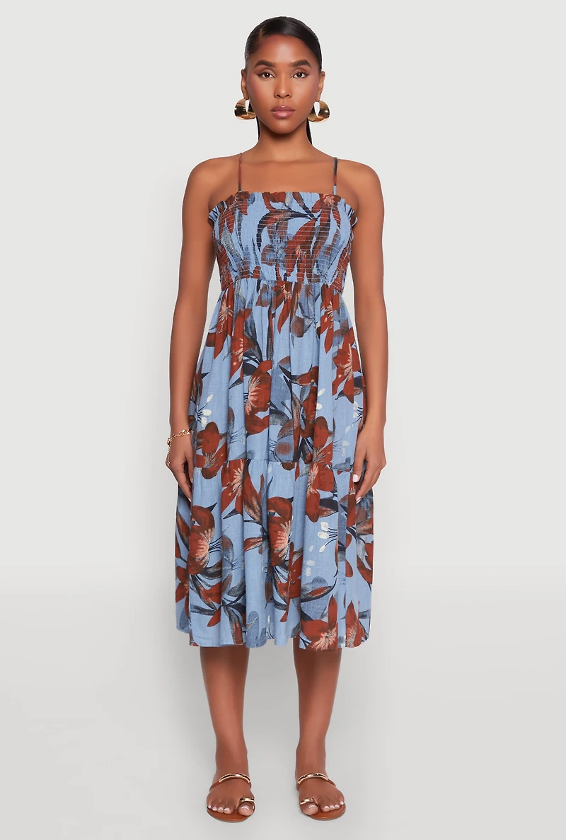 Womens Floral Print Smocked Tiered Midi Dress,