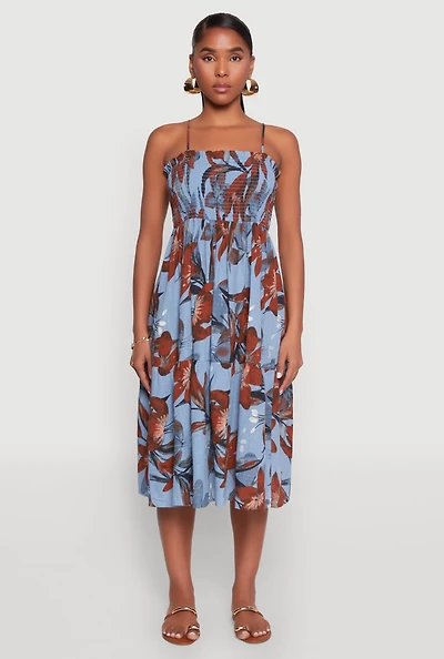Womens Floral Print Smocked Tiered Midi Dress,