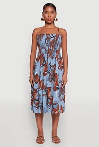 Womens Floral Print Smocked Tiered Midi Dress,