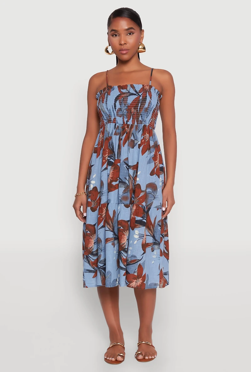 Womens Floral Print Smocked Tiered Midi Dress,