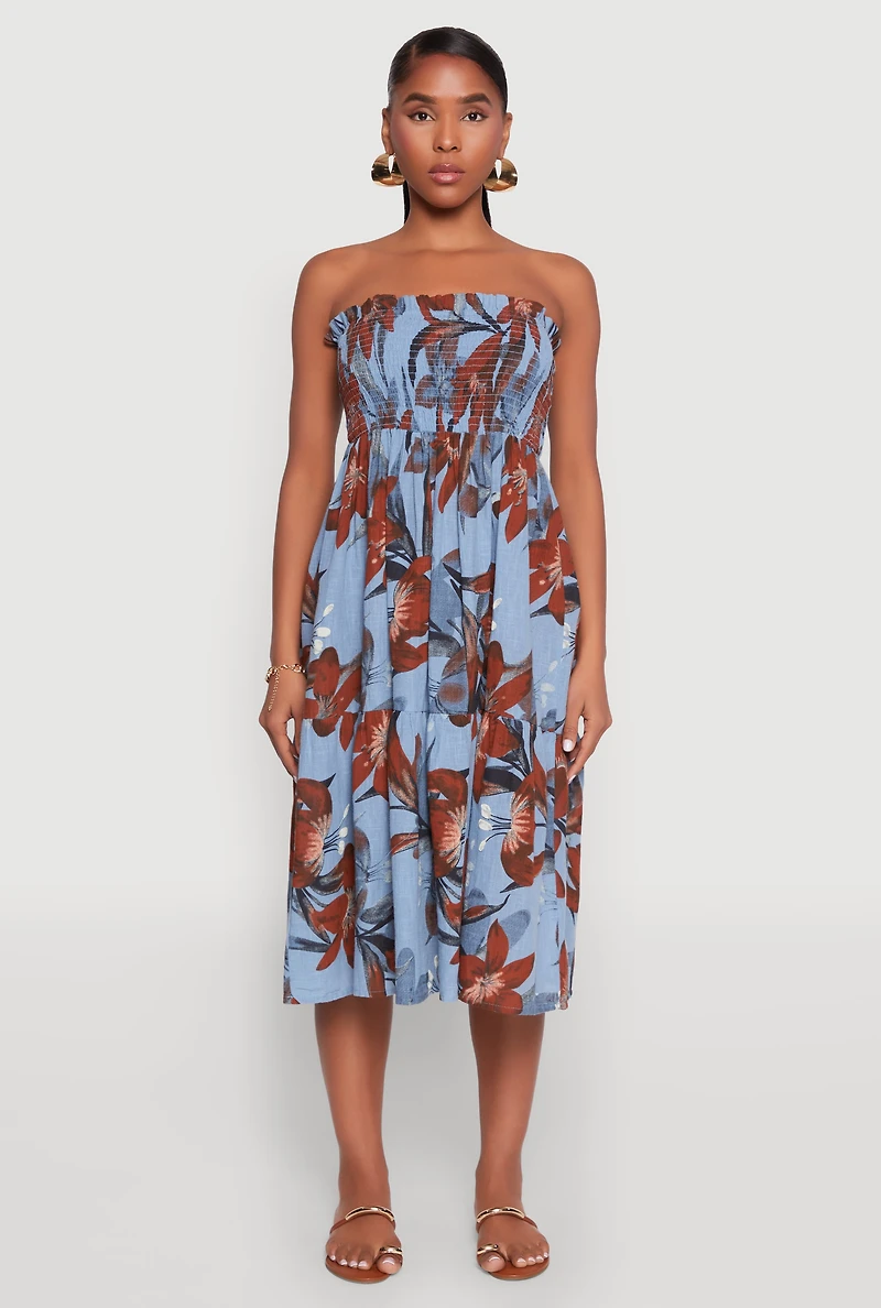 Womens Floral Print Smocked Tiered Midi Dress,