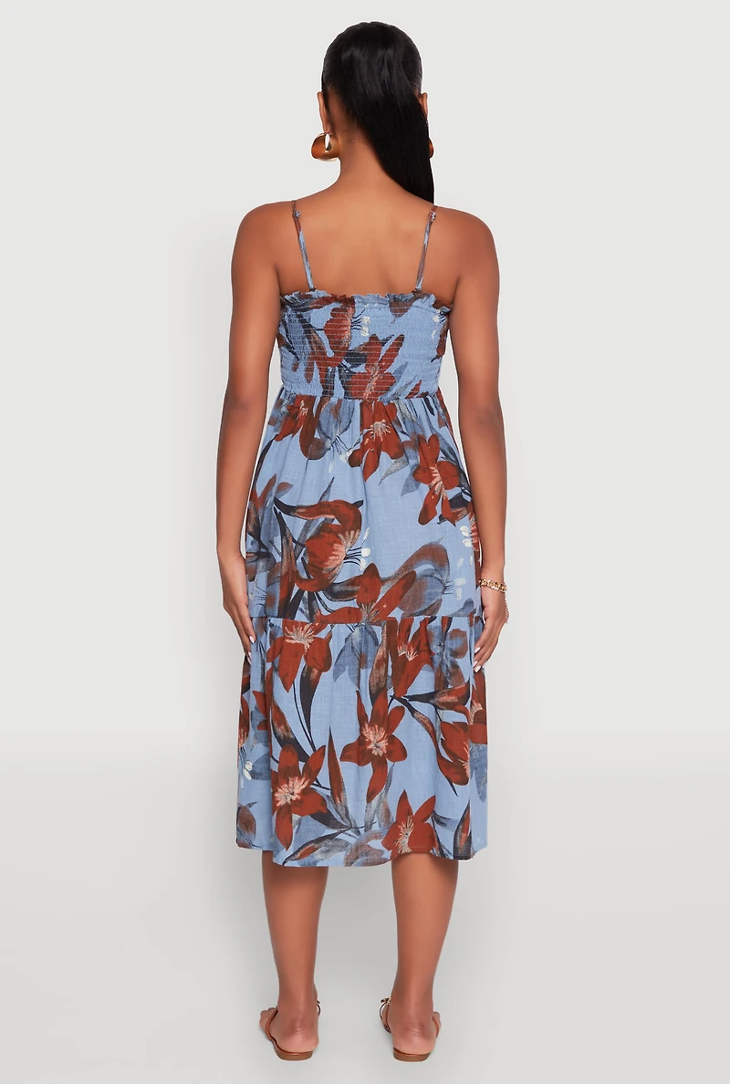 Womens Floral Print Smocked Tiered Midi Dress,