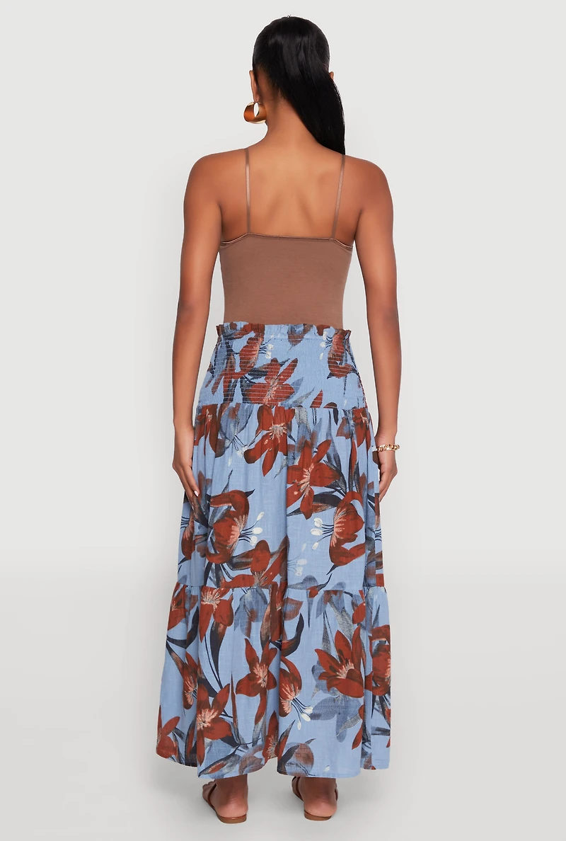 Womens Floral Print Smocked Tiered Midi Dress,