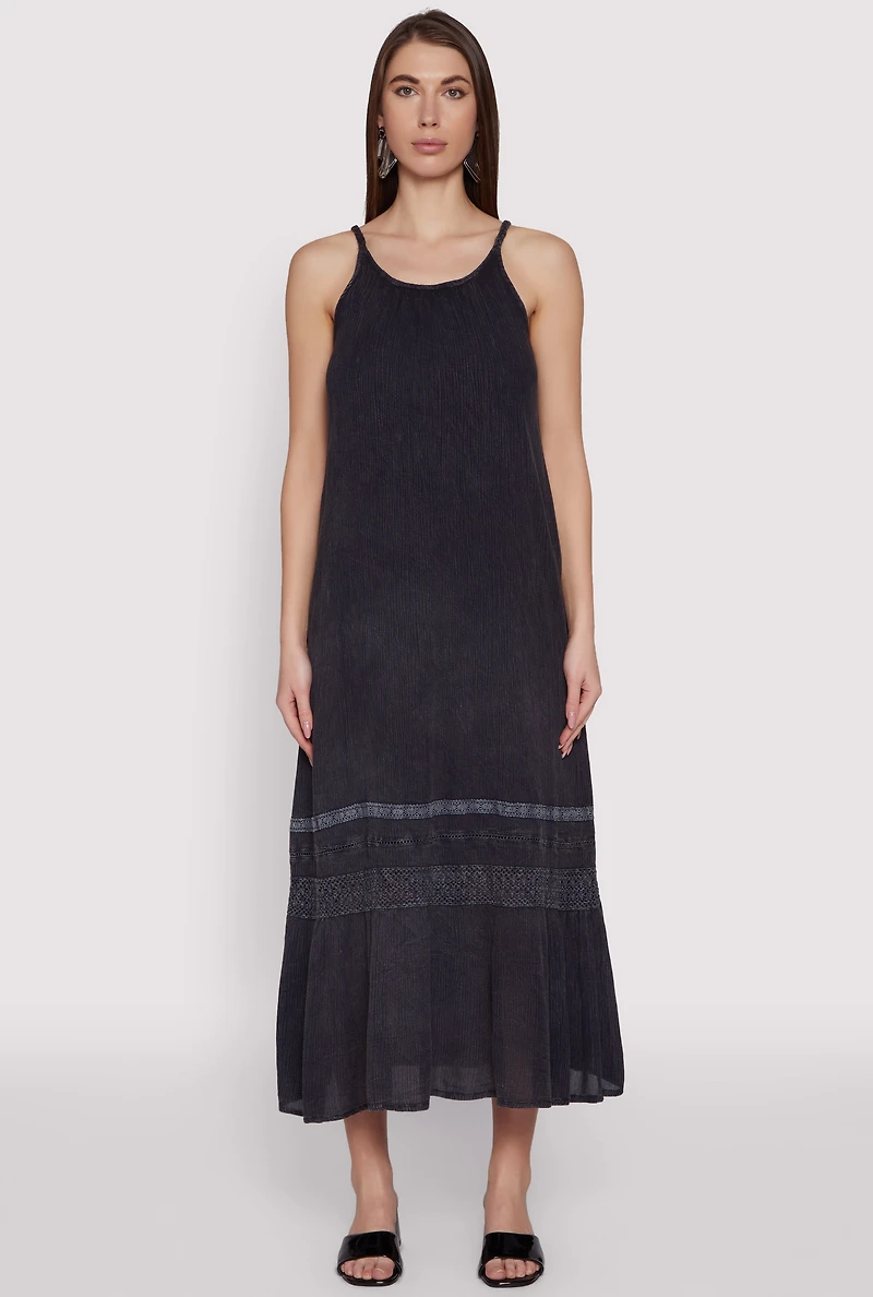 Womens Crochet Detail Sleeveless Maxi Dress, Black, Size S