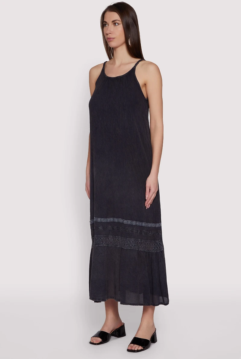 Womens Crochet Detail Sleeveless Maxi Dress, Black, Size S
