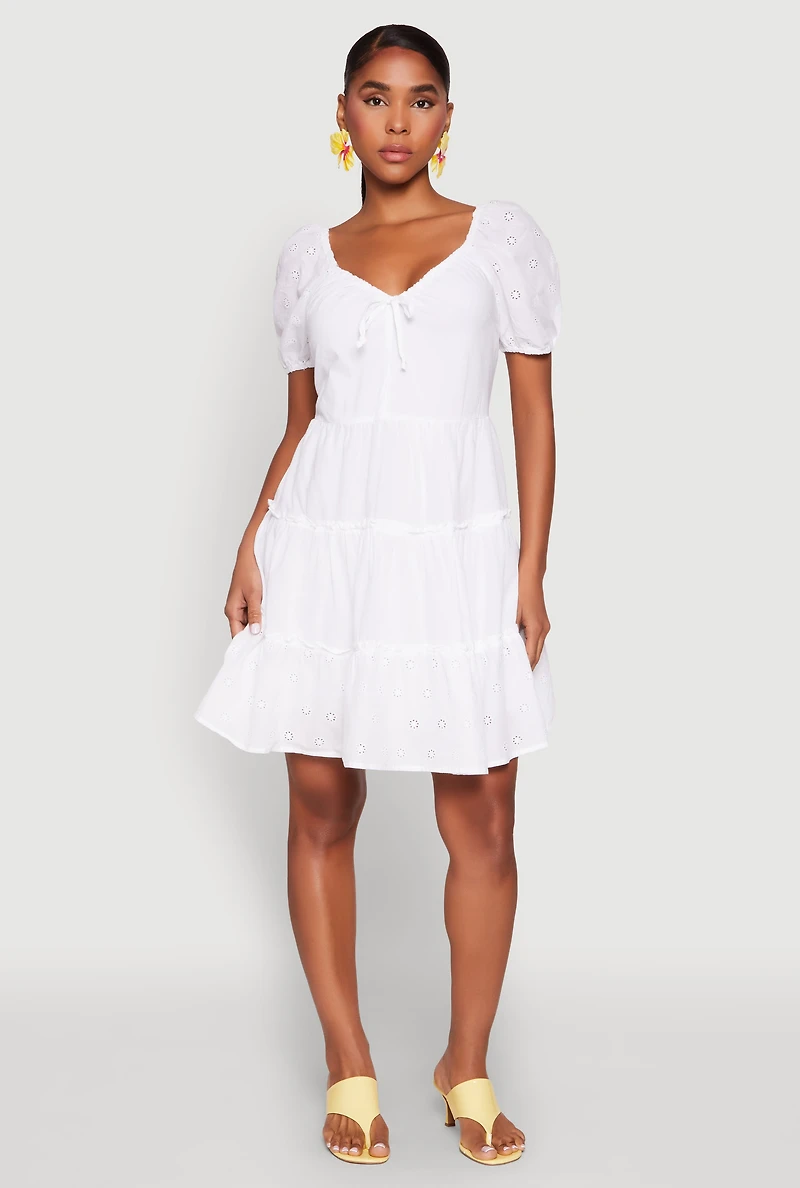 Womens Haute Monde Eyelet Tiered Mini Dress, White, Size L